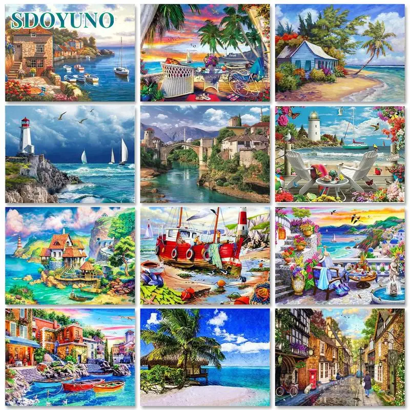 

SDOYUNO Painting By Number Kits For Adults DIY Handpainted On Canvas Drawing Coloring By Number Boat Landscape Home Decor