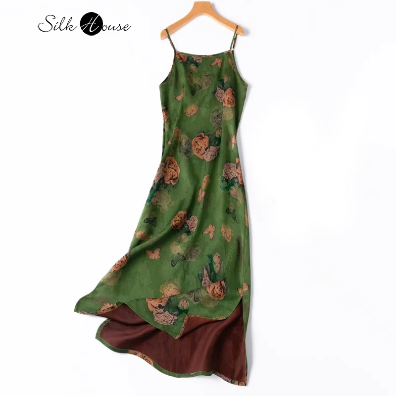 

2024 Women's Summer New Butterfly Flower Print 100%Natural Mulberry Silk Side Zipper Fragrant Cloud Gauze Hanging Strap Dress