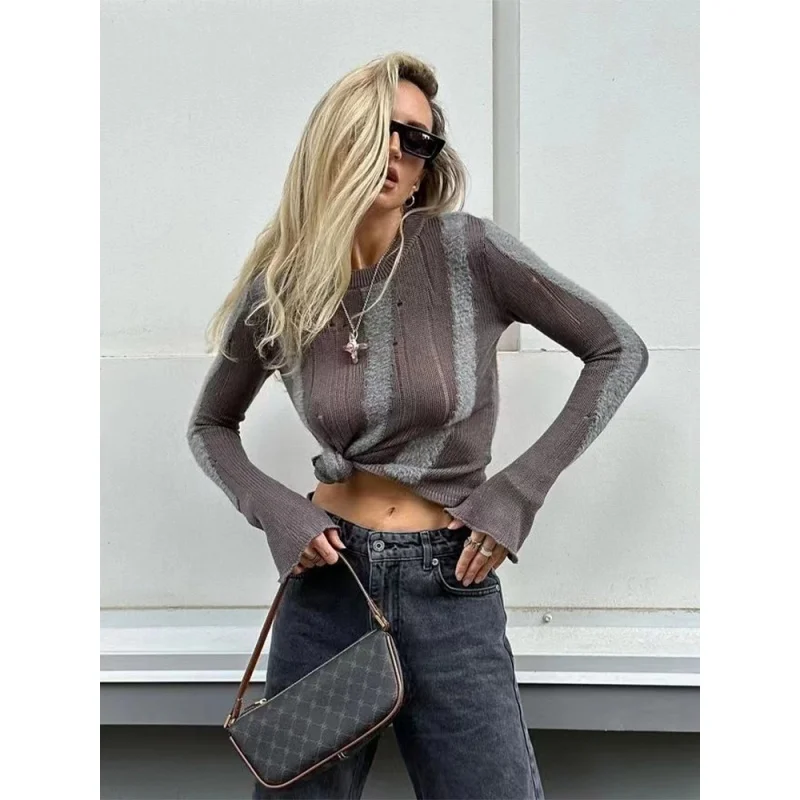 

Fashion Knit Stripped O-neck Pullover For Women Sexy Long Flare Sleeve Slim Fit Inner Sweater 2023 Autumn Fashion Streetwear