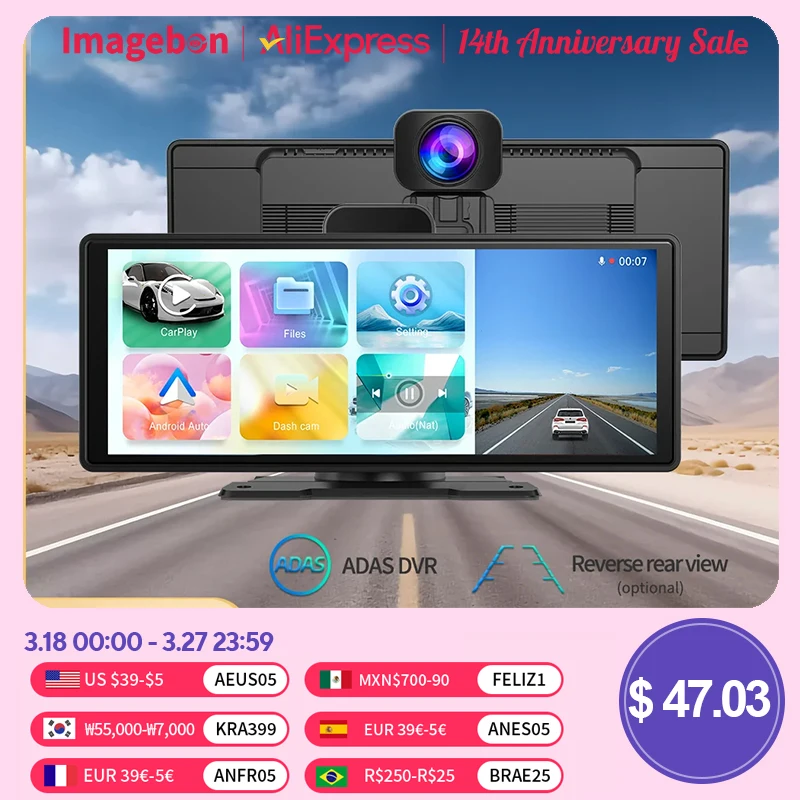 

10.26" Imagebon K9 Dash Cam 2K ADAS Wireless CarPlay & Android Auto Car DVR GPS Navigation Siri Voice Control Dual Recording Dvr