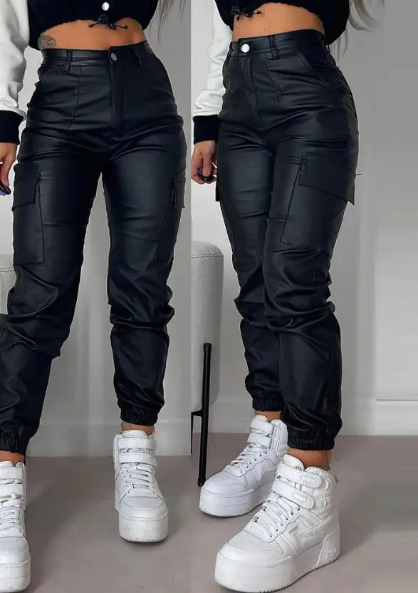 

Women's Long Cargo Pant 2023 Personalized Street Trends Pocket Design Cuffed Pu Leather Pants Autumn Winter High Waist Pants