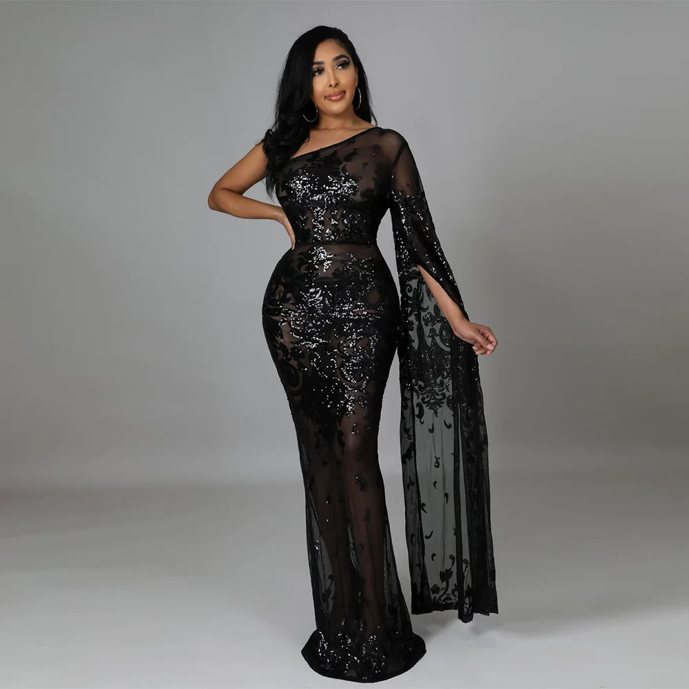

Summer Women Sequined Mesh See Though One Shoulder One Long Clock Sleeve Bodycon Nightclub Sexy Party Style Birthday Maxi Dress