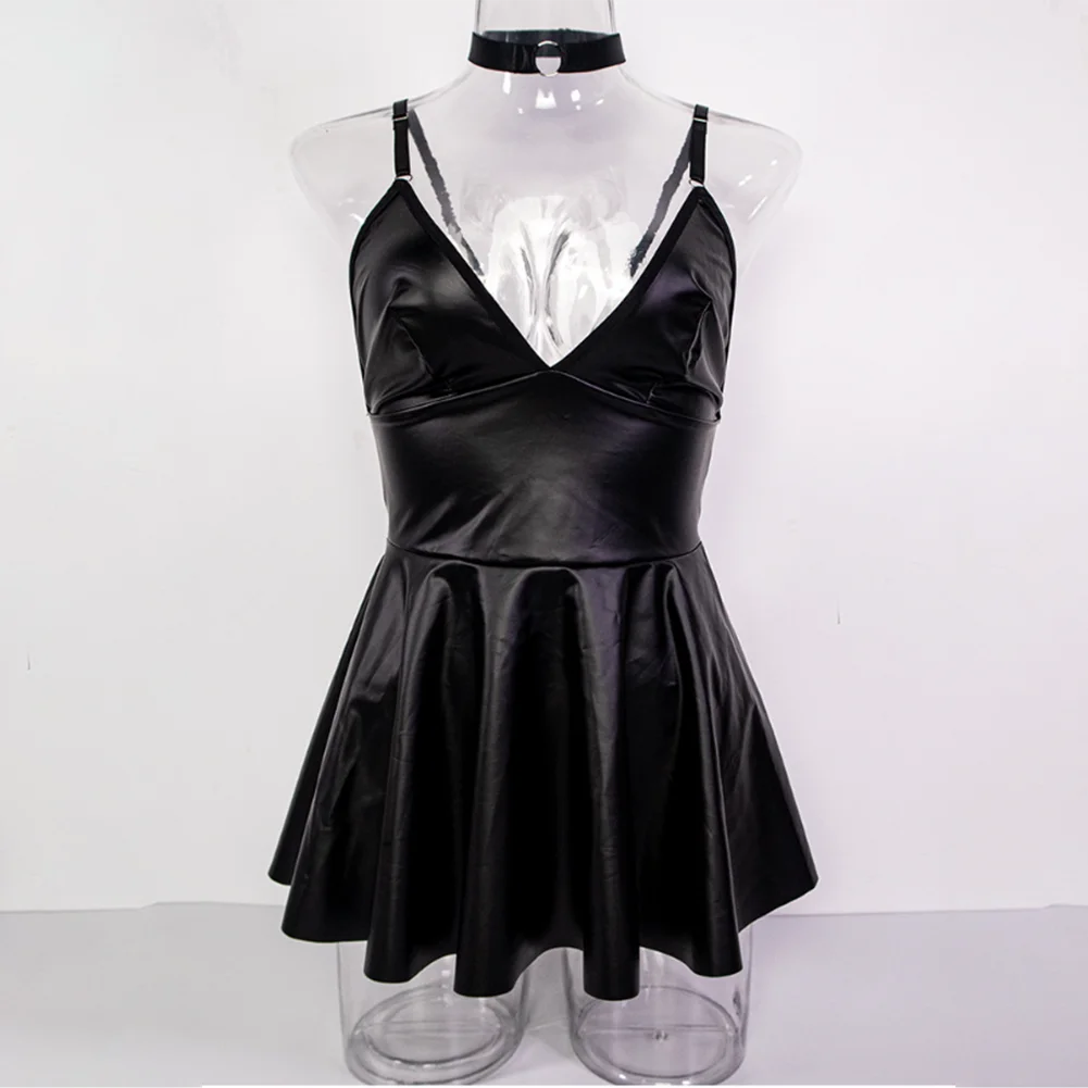 Women Sexy Thin Straps V Neck PU Leather Bodycon Short Dress Backless Flare Dress Nightwear Seductive Clubwear Scoks Neck Ring
Women Sexy Thin Straps V Neck PU Leather Bodycon Short Dress Backless Flare Dress Nightwear Seductive Clubwear Scoks Neck Ring