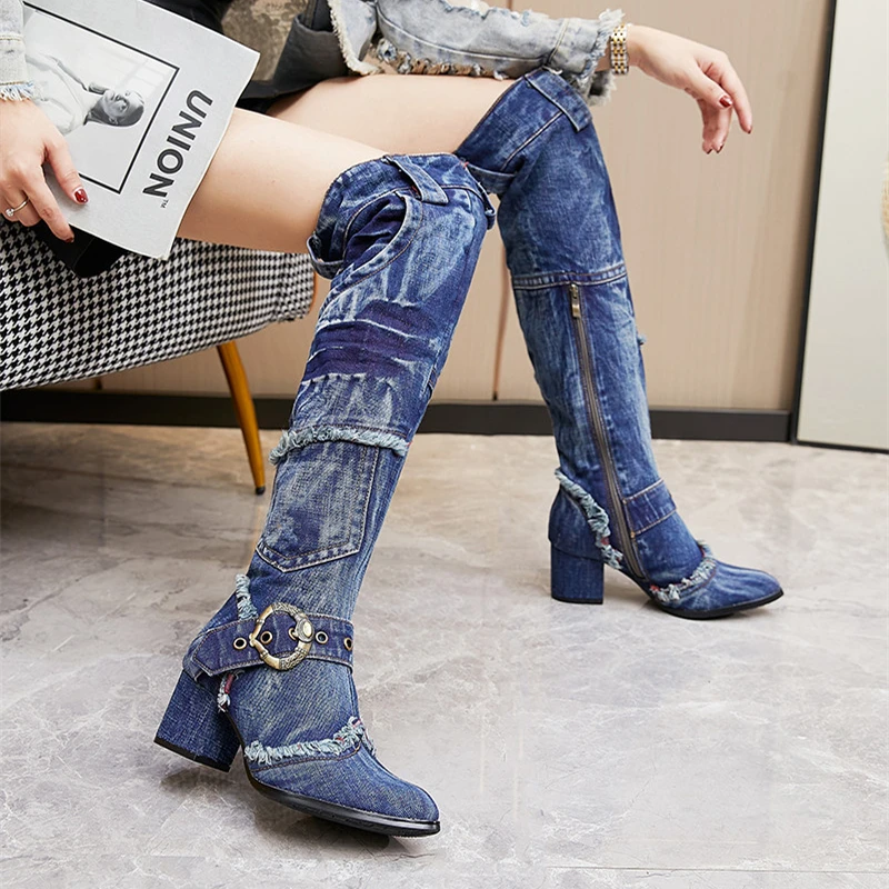 

Retro Thigh High Boots for Women Chunky Heels Western Denim Shoes Ladies Over the Knee Boot Pointed Toe Long Jean Botas Mujer