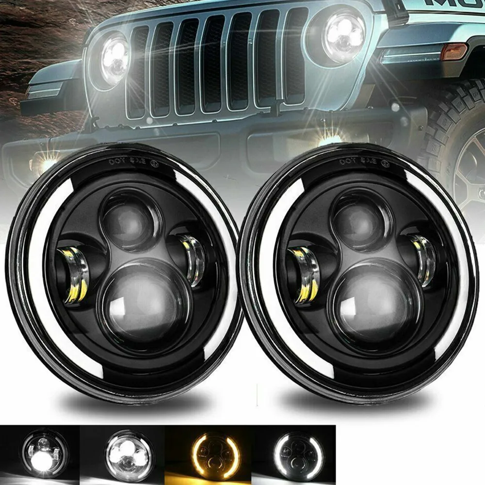 

2pc 7 Inch LED Headlights DRL Hi Low Beam 50W Halo Ring Amber Angel Eye For for Jeep Wrangler Lada Niva 4x4 UAZ 12V 24V