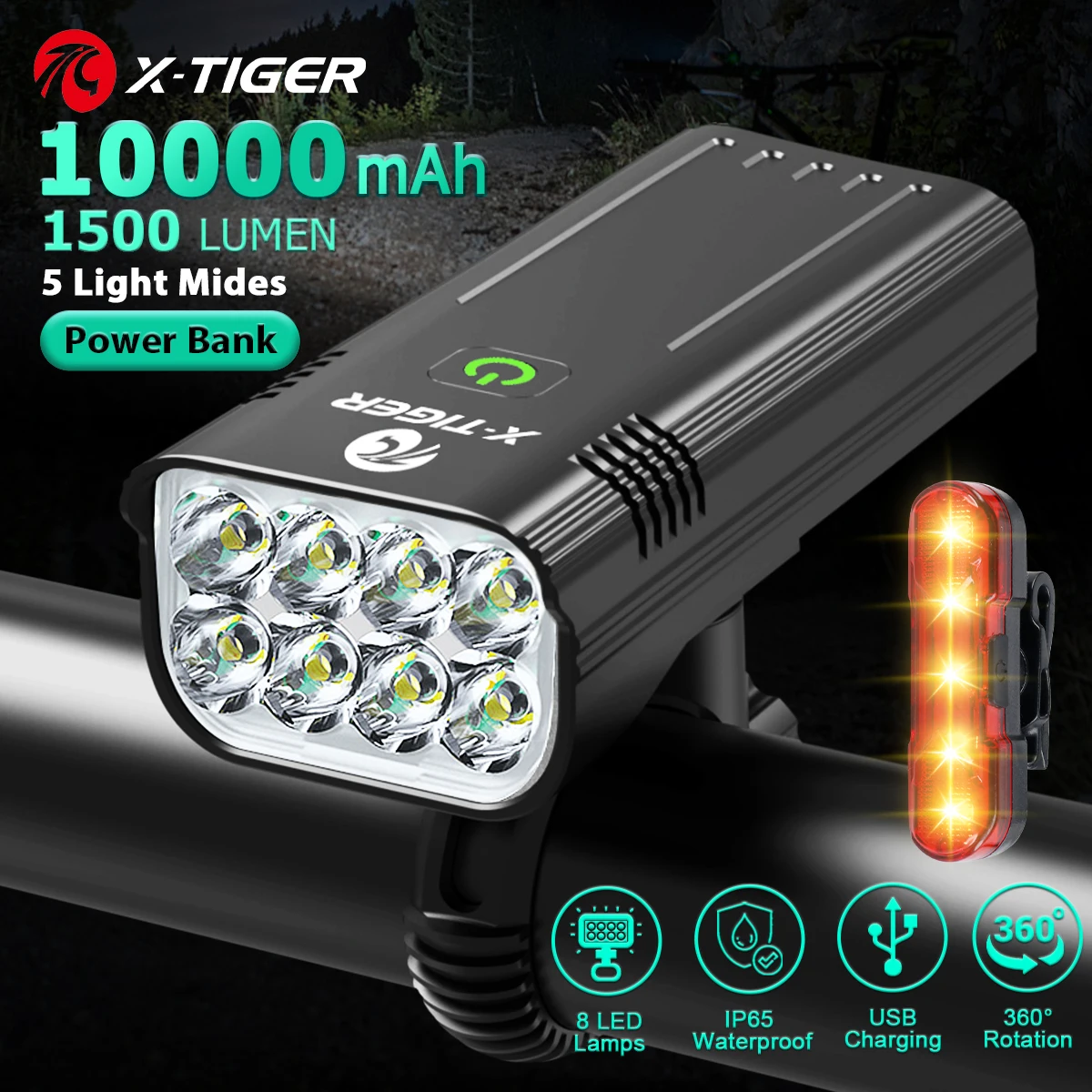 

X-TIGER Bike Light Set Powerful USB Rechargeable Bright 8 LED 10000mAh Bicycle Front Lights IPX5 Waterproof Front Lamp Taillight