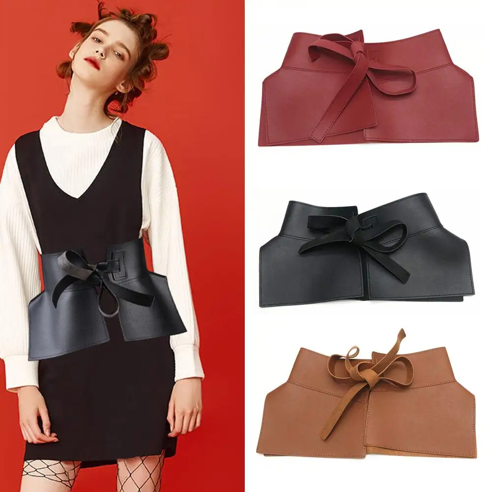 

Retro Bow Tie Wide Waistband Women Pu Leather Solid Bands Personalized Comfortable Adjustable Belt B1m1