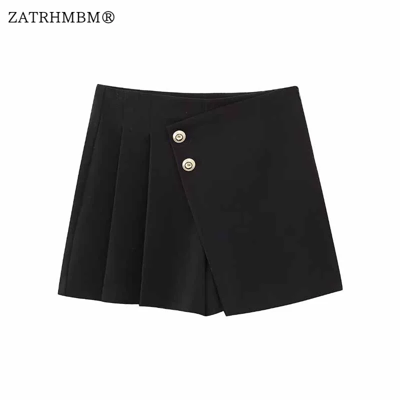 

ZATRHMBM Women 2023 New Fashion Breasted Decoration Black Culottes Vintage Side Zipper High Waist Female Short Pants Mujer