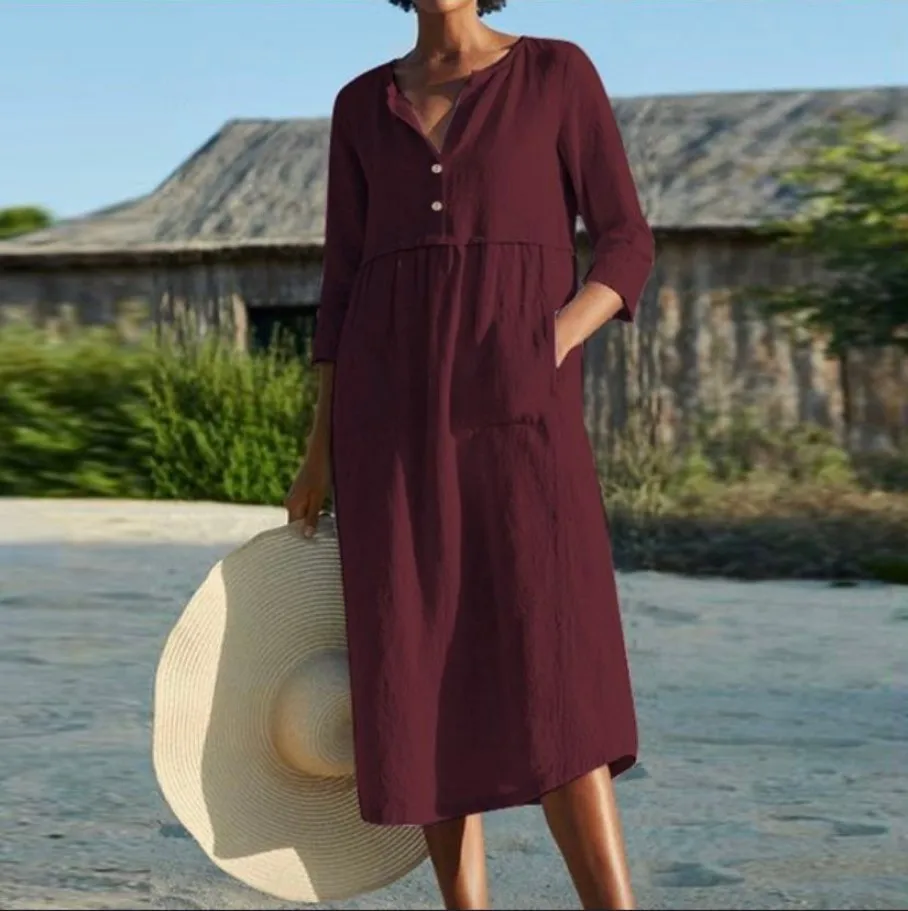 

Женская короткая юбка с карманами, повседневное модное однотонное платье большого размера из хлопка и льна с V-образным вырезом и рукавом средней длины, на пуговицах, лето