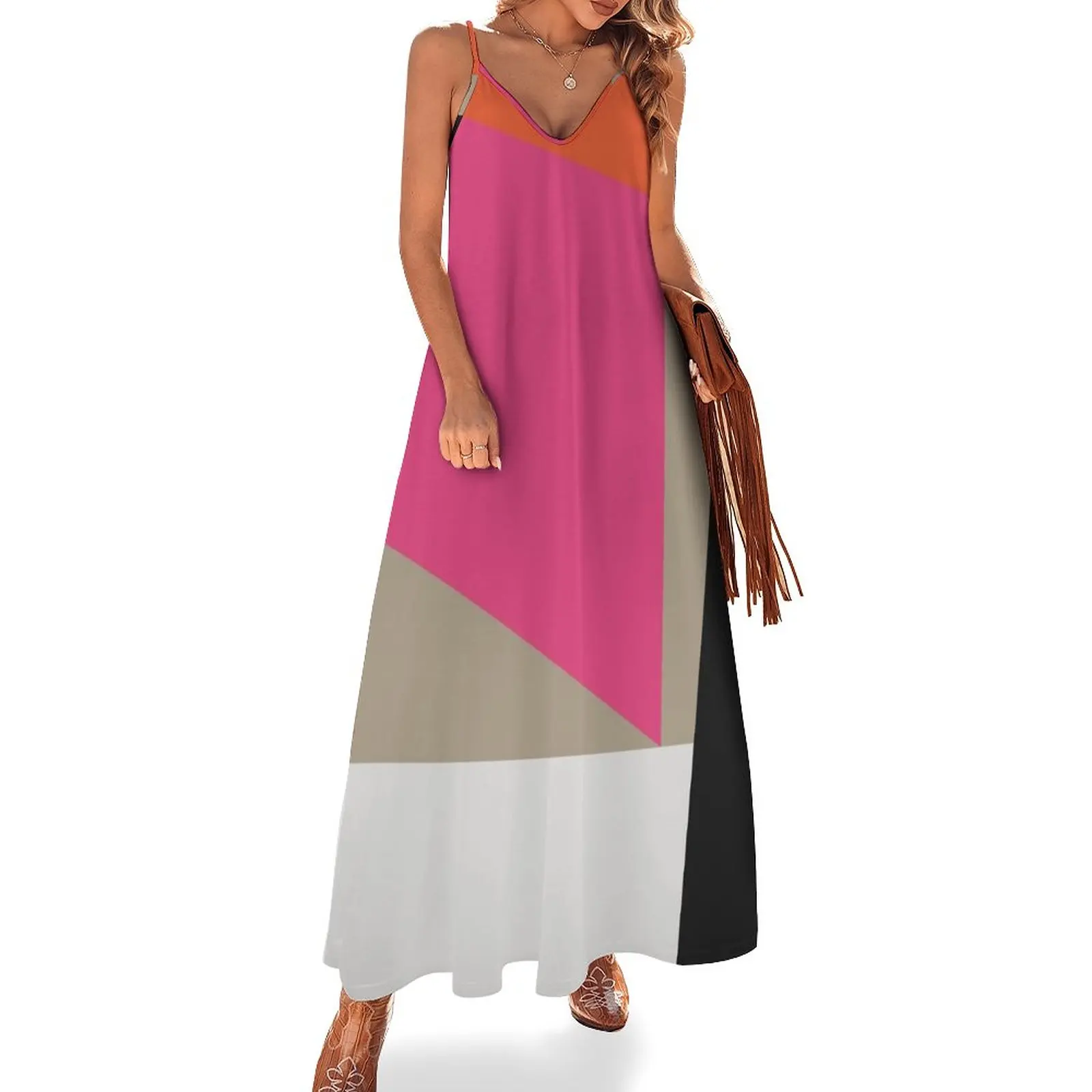 

Mid Century Modern Vintage Inspired Colorfield Geometric Abstract Poster Sleeveless Dress Women's summer long dress