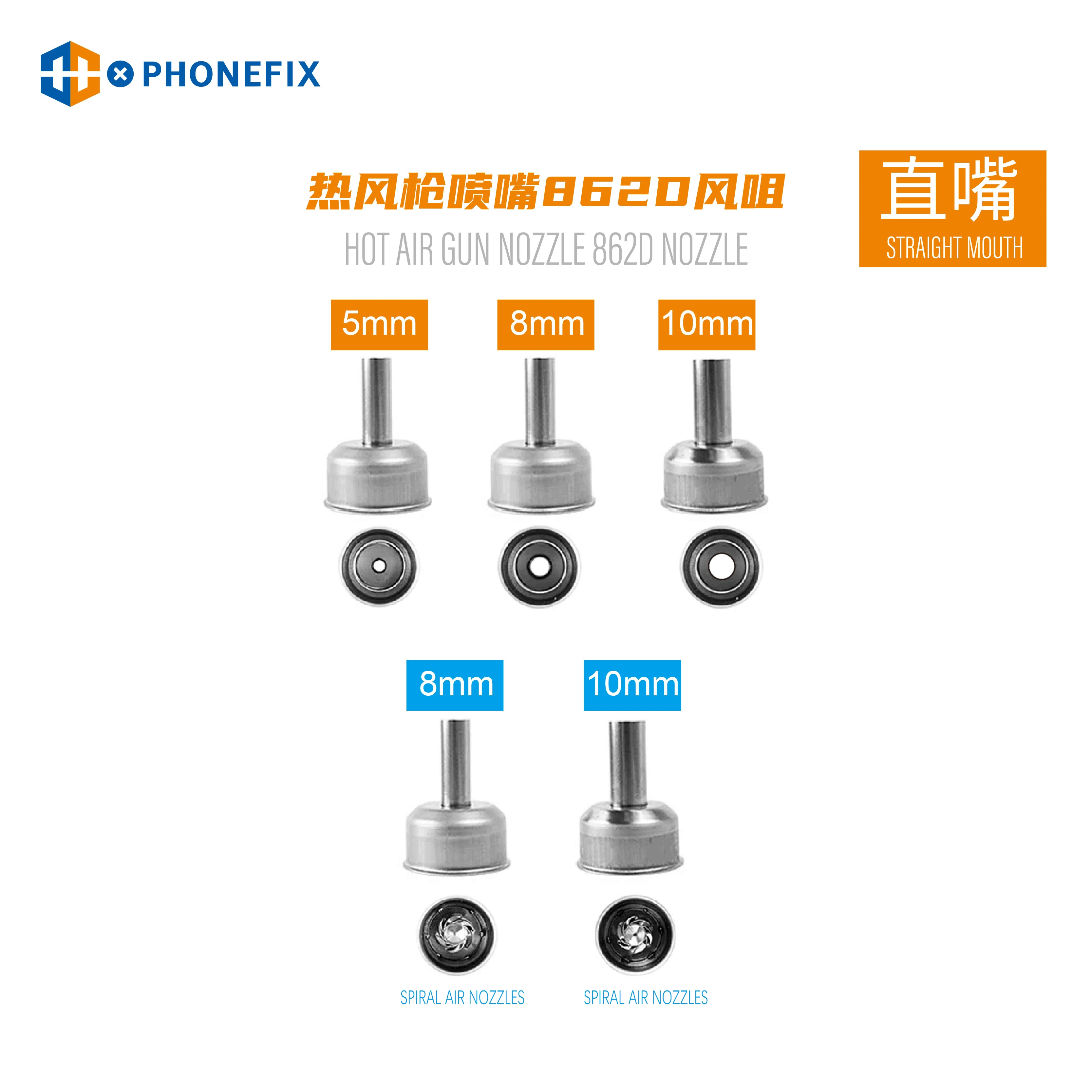 Phonefix ST862D Hot Air Gun Nozzles Straight Head Curved Head Nozzles Spiral Straight Air Tips for Phone Desoldering Repair
Phonefix ST862D Hot Air Gun Nozzles Straight Head Curved Head Nozzles Spiral Straight Air Tips for Phone Desoldering Repair