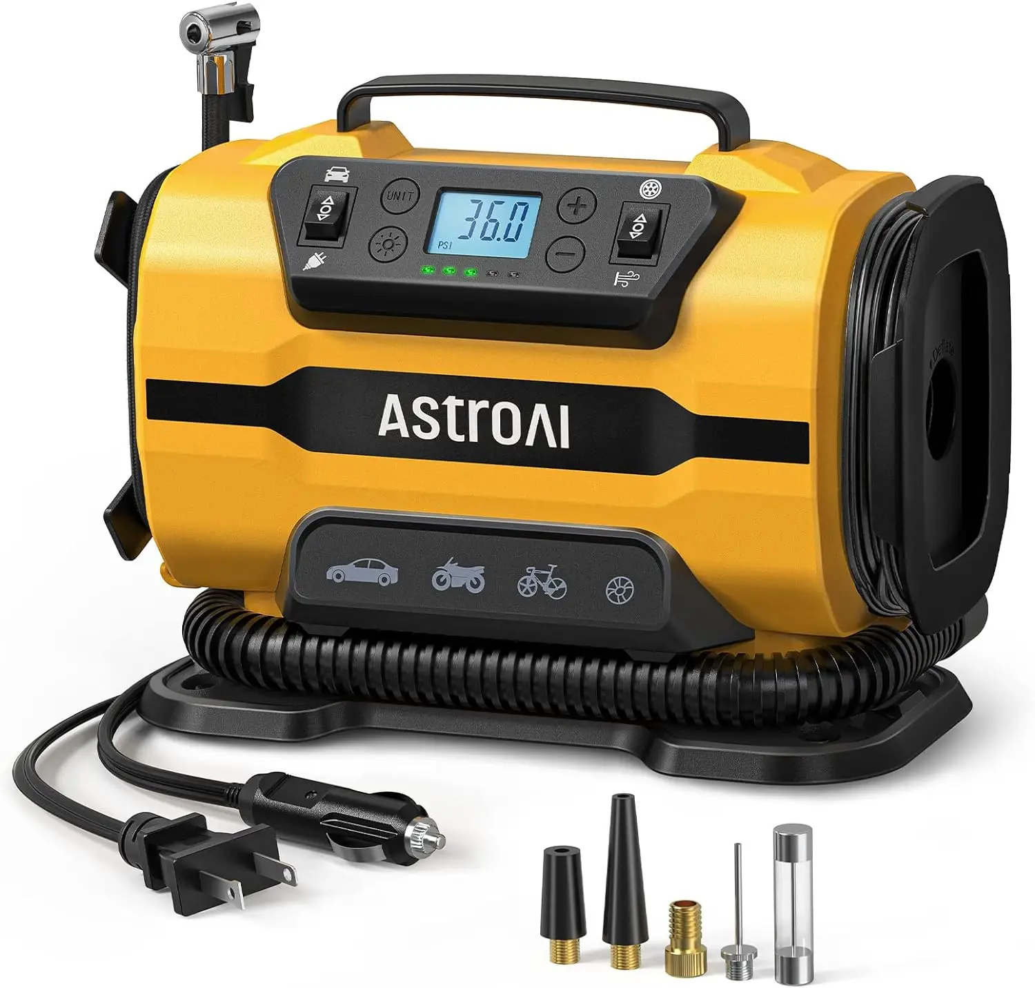 Tire Inflator Portable Air Compressor Pump 150PSI 12V DC/110V AC with Dual Metal Motors &LED Light, Automotive Car Accessories
Tire Inflator Portable Air Compressor Pump 150PSI 12V DC/110V AC with Dual Metal Motors &LED Light, Automotive Car Accessories
