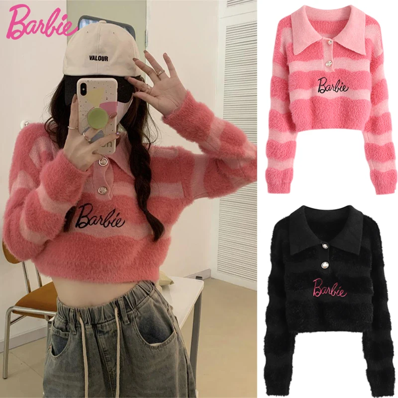 New Barbie Embroidery Short Sweater Loose Hundred Kawaii Fall Y2K Girls High Quality Comfortable Polo Neck Striped Knit Tops
New Barbie Embroidery Short Sweater Loose Hundred Kawaii Fall Y2K Girls High Quality Comfortable Polo Neck Striped Knit Tops