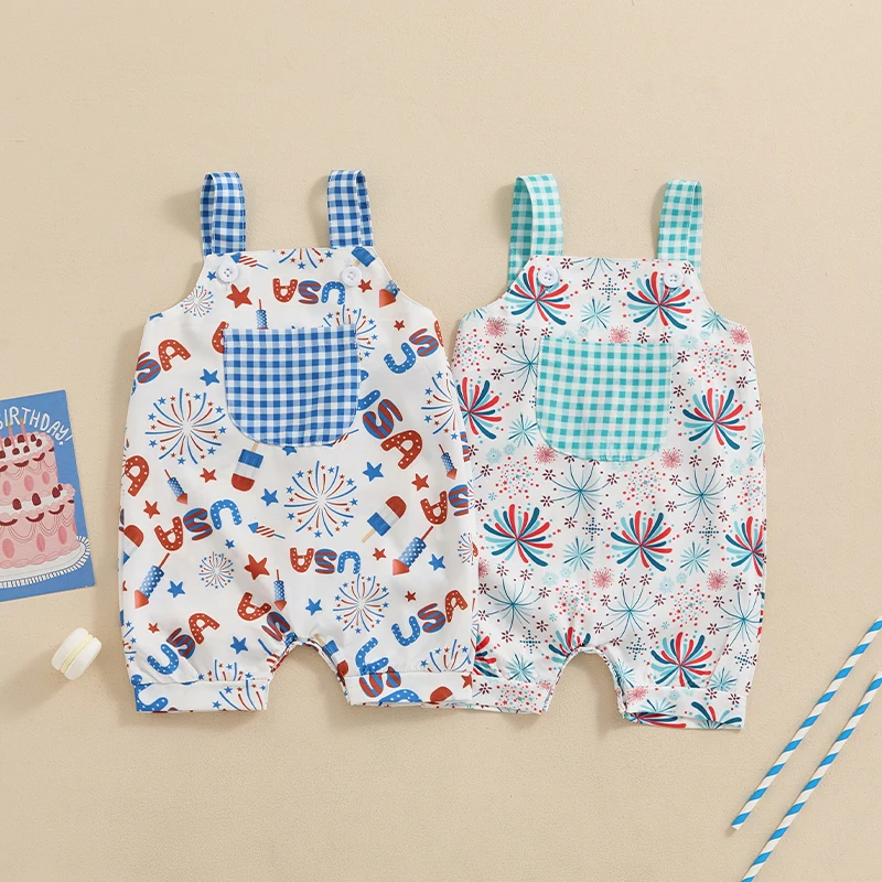 

Newborn Baby Girl Overalls Jumpsuit Summer 4th of July Firework Print Sleeveless Romper Toddler Cute Clothes