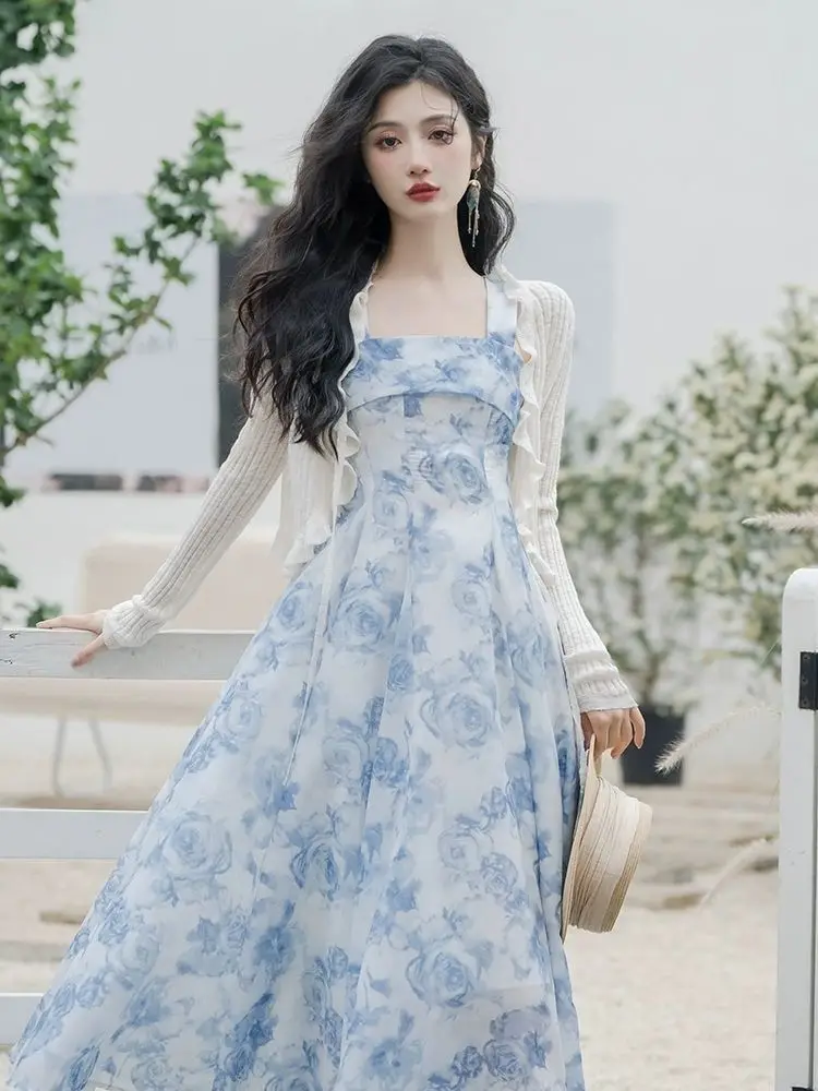 

Korea Romantic Strap Dress Set Women'S Long Sleeve Knitted Cardigan And Beige Blue Rose Print Vintage Spaghetti Dress Set