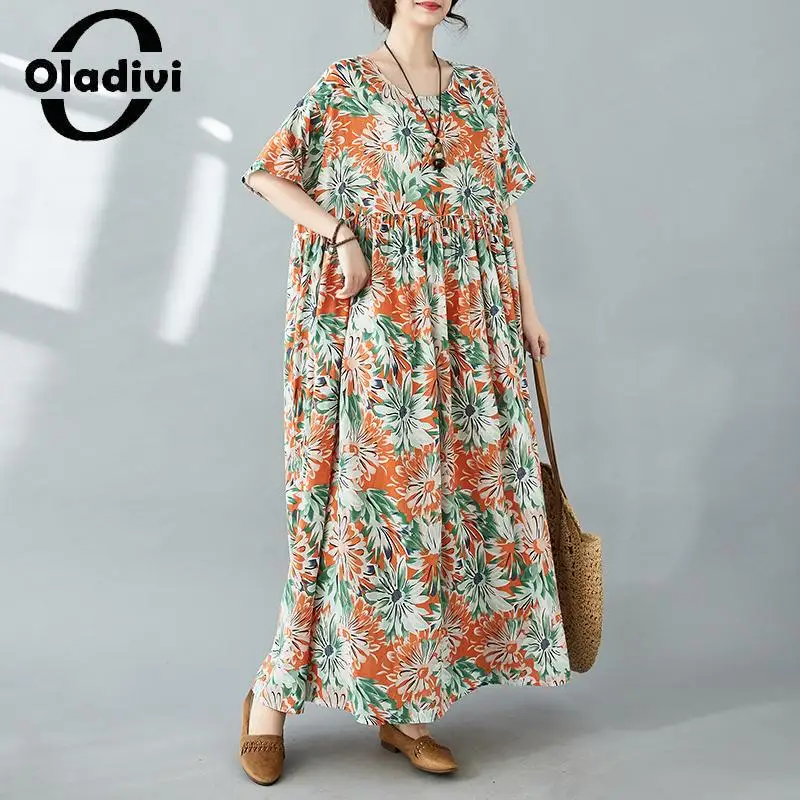 

Женское богемное пляжное платье Oladivi L-8XL большого размера с модным принтом, Новинка лета 2024, свободные длинные платья большого размера в стиле бохо 1030