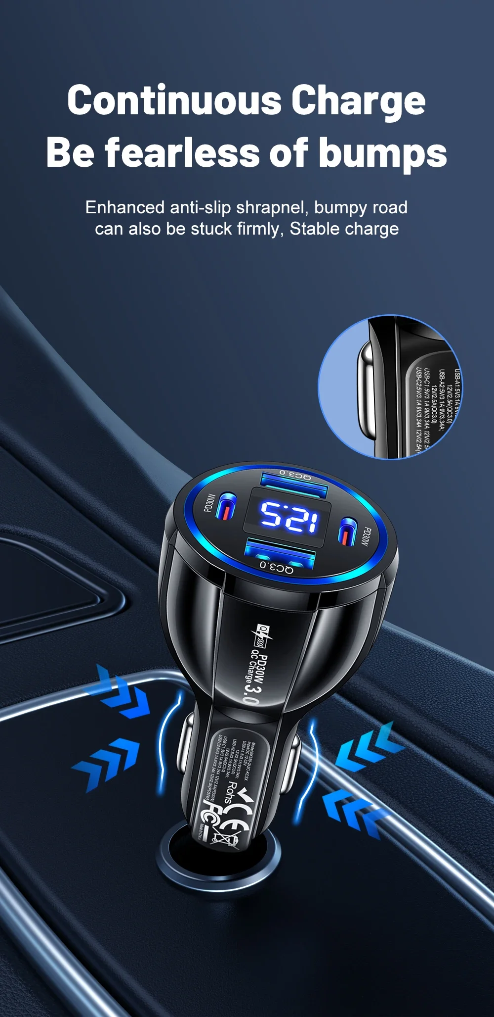 60W USB C Car Charger 4 in 1 Type C PD Fast Quick Charging Adapter with Voltage Digital Display for Mobile Phone Iphone Xiaomi 60W USB C Car Charger 4 in 1 Type C PD Fast Quick Charging Adapter with Voltage Digital Display for Mobile Phone Iphone Xiaomi