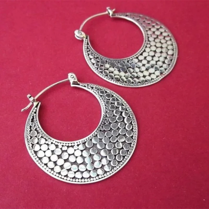 

Fashion Boho Big Hoop Drop Earrings For Women Jewelry Brinco Carved Vintage Tibetan Silver Color Bohemian Round Earrings