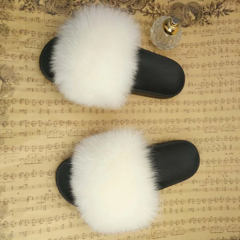 

Real Fox Fur Slippers Fur Fur Slippers Flat Thick Soles Slippers For Women Fluffy Plush Fox Fur Sandals Woman Fur Slippers