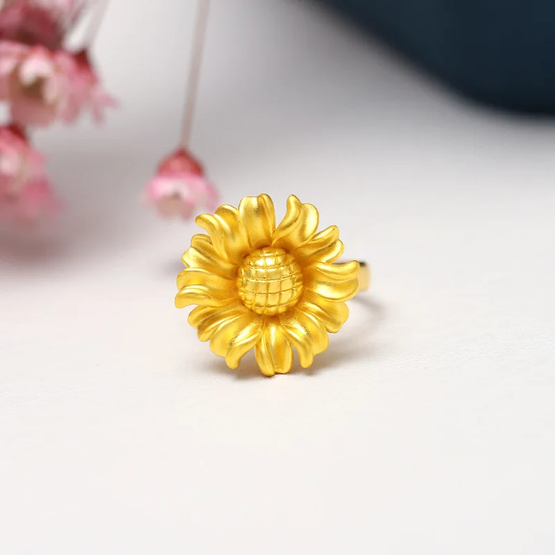 

Women's Ring 18K Gold Color Sunflower Flower Sand Gold Jewelry 999 Yellow Gold Rings Wedding Bands for Bridal Girlfriend