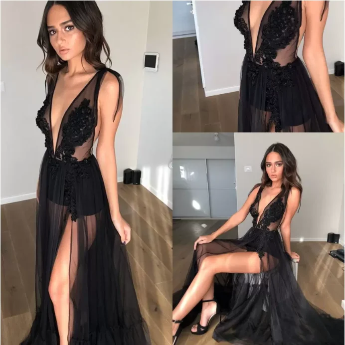 Black Tulle Long Evening Dresses Deep V Neck Sexy robes de soirée Pant Lace Applique Beaded High Split Floor Length Prom Gowns
Black Tulle Long Evening Dresses Deep V Neck Sexy robes de soirée Pant Lace Applique Beaded High Split Floor Length Prom Gowns