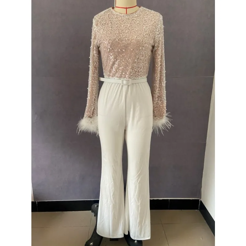 2024 Spring Summer New Women's round Neck Long Sleeve Fashion Feather Stitching Sequined One-Piece Trousers
2024 Spring Summer New Women's round Neck Long Sleeve Fashion Feather Stitching Sequined One-Piece Trousers