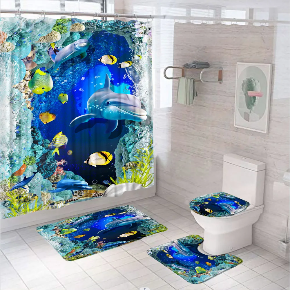 

4Pcs Dolphin Turtle Shower Curtain Set Non-Slip Rug Toilet Lid Cover Bath Mat Blue Sea World Ocean Fish Animal Bathroom Curtains