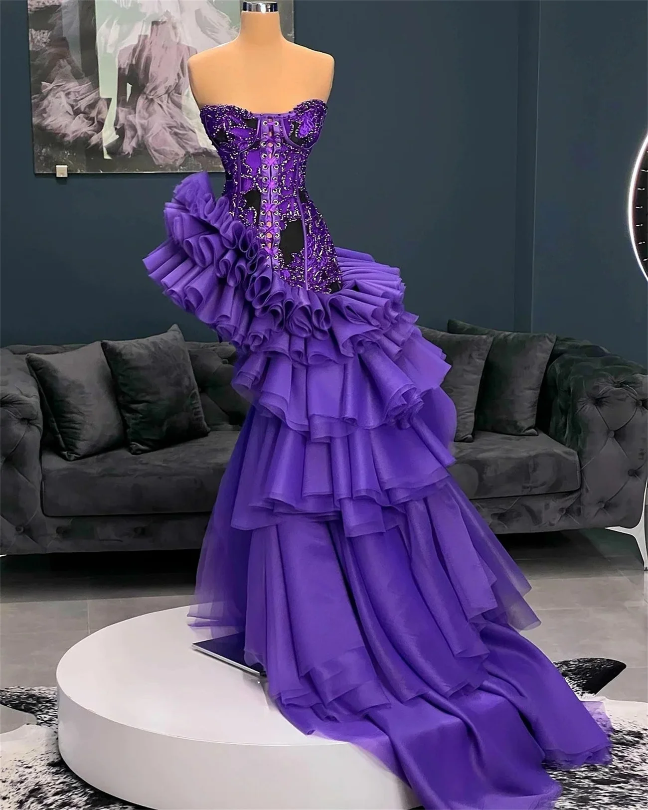 

Purple Cocktail Dress Bandeau Sexy Strappy Prom Gown Sequin Beaded Mini Gorgeous Unilateral Train To Floor Sense Of Premium