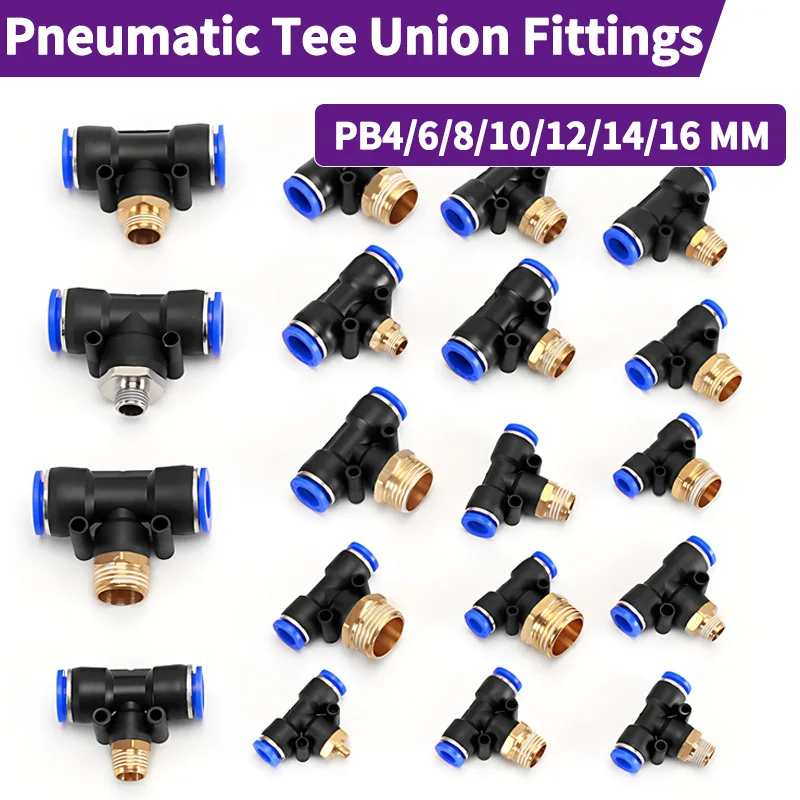 

50/100/500 PCS PB Push to Connect Tube Pneumatic Male Branch T Type Tee Fitting - 4/6/8/10/12mm Tube OD x M5/01/02/03/04 Thread