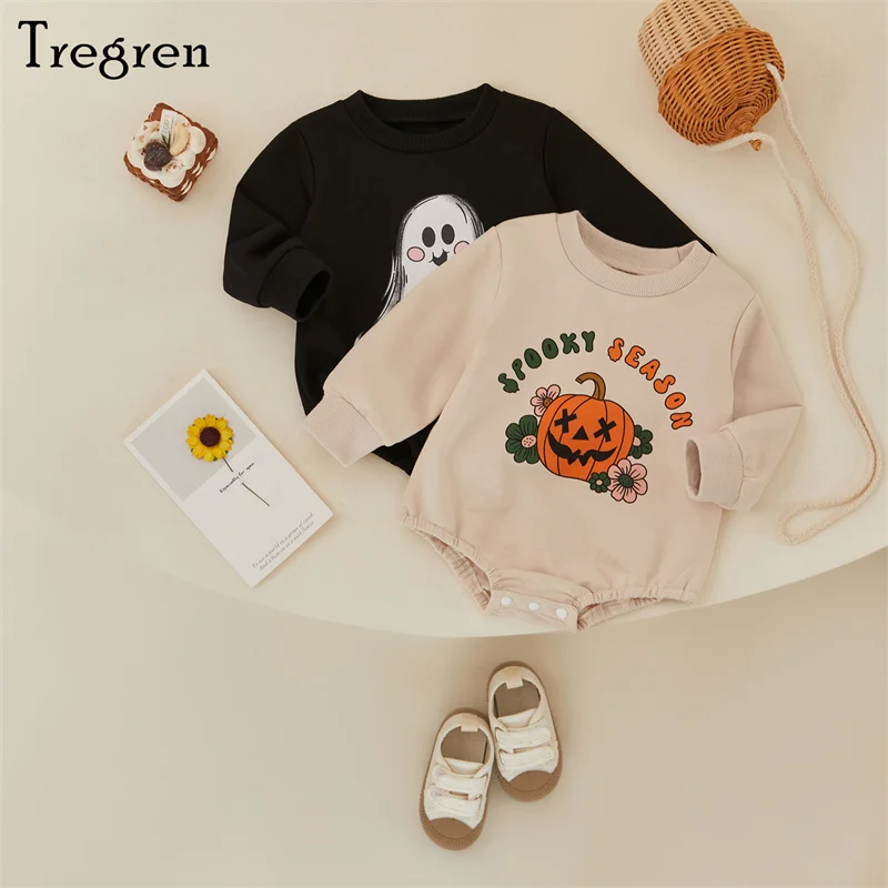 

Tregren 0-18M Newborn Infant Baby Girls Sweatshirt Romper Fall Winter Casual Long Sleeve Halloween Ghost Pumpkin Print Jumpsuit