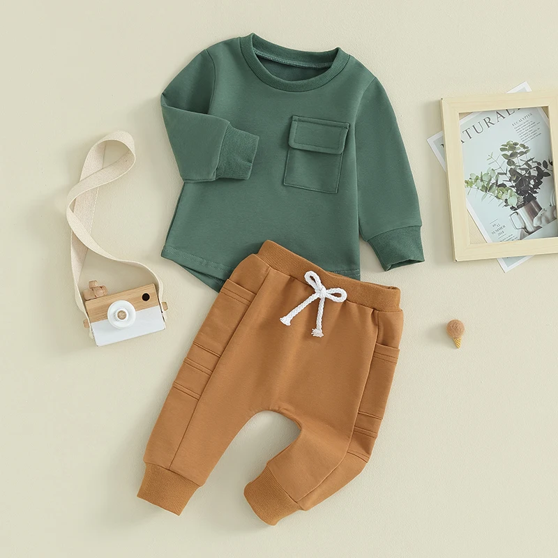 

Toddler Baby Boy Cotton Clothes Fall Winter Outfits Solid Color Sweatshirt Jogger Pants Sweatpants Set