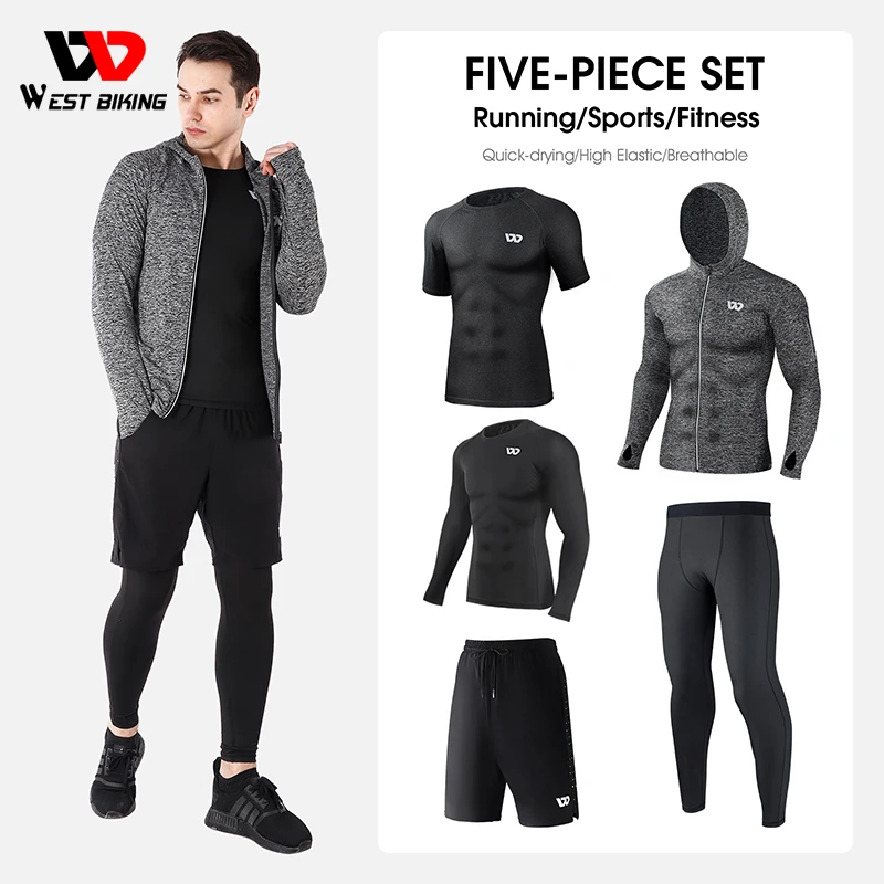 

WEST BIKING 5Pcs Sport Suits Men's Compression Pants Shirt Top Long Sleeve Jacket Athletic Sets Gym Clothing Mens Workout