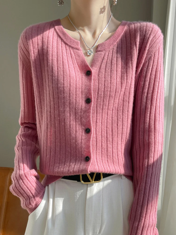 

Women's Cardigans Striped Worsted Wool Long Sleeve V-Neck New Arrivals Clothing Knitted Jumpers Female Outerwears Fashion Trends