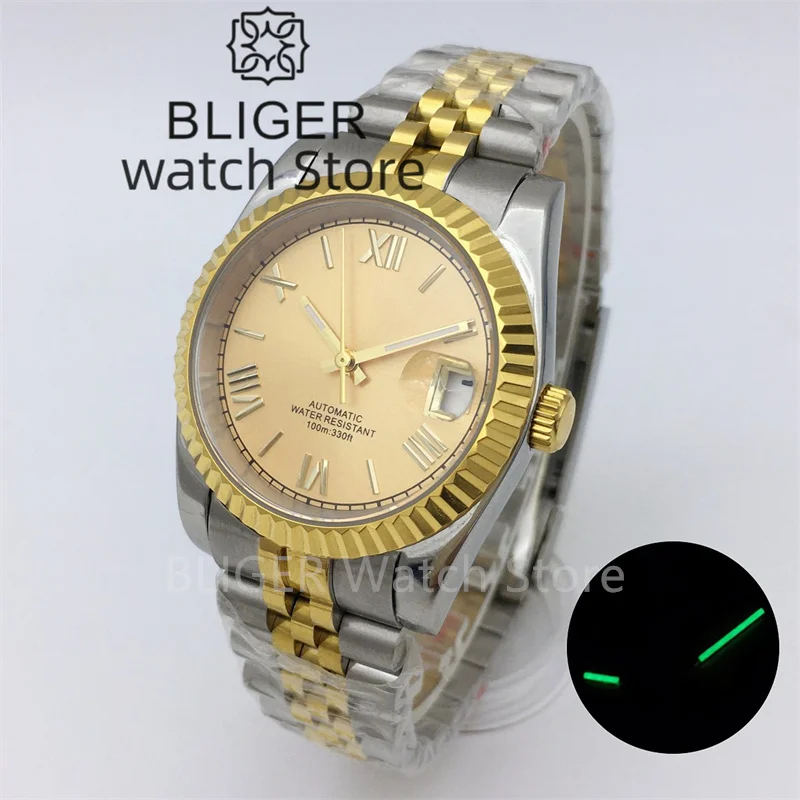 

BLIGER Two-tone Gold Fluted Bezel Gold Roman Mark Dial Japan NH35A Automatic movement Sapphire Glass 36mm 39mm Watch For Men