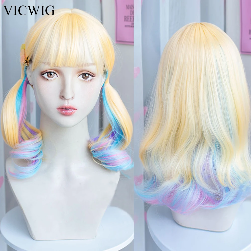 

VICWIG Long Straight Wavy Ombre Rainbow Blonde Wigs with Bangs Lolita Cosplay Nature Women Hair Wig for Daily Party