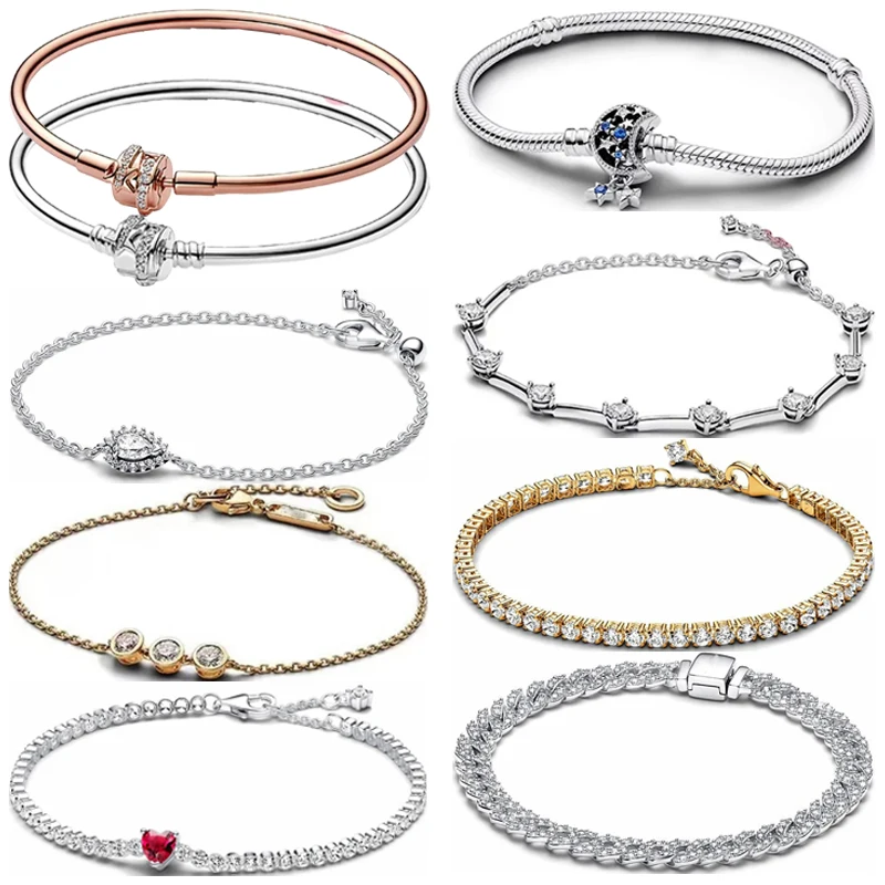 

New Hot Selling Christmas Gift S925 Sterling Silver Ding Chain Sparkling Heart Tennis Women's Bracelet Luxury Fashion Jewelry