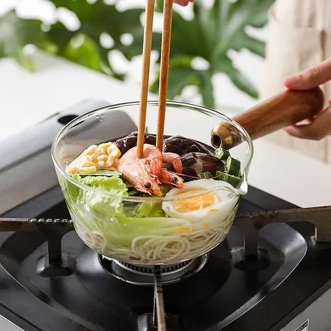 

Cookware Kitchenware Glass Milk Soup Pot Vegetable Salad Bowl Wooden Handle Cooking Pan Japanese Korean Breakfast Maker Ramen