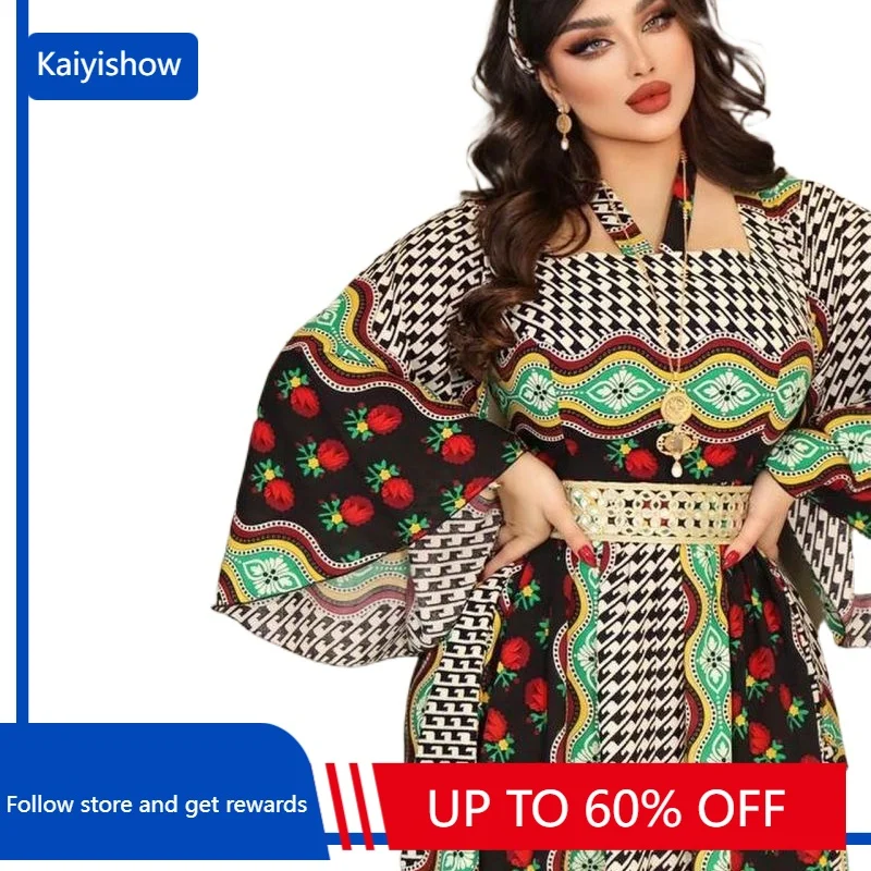 

Muslim Middle East Printed Kraftan Robes Vintage Flare Sleeves Halter Elegant Women Dubai Abaya Party Dresses