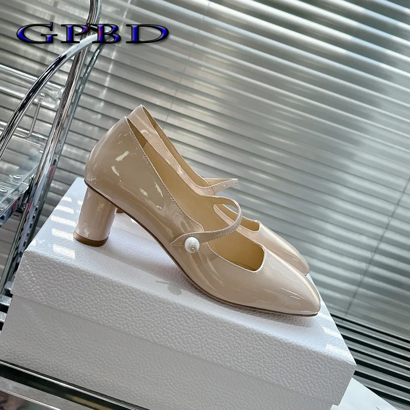 

Высококачественная женская обувь GPBD на высоком квадратном каблуке, лакированная кожа, Туфли Мэри Джейн для женщин, дизайнерская обувь ручной работы из натуральной кожи