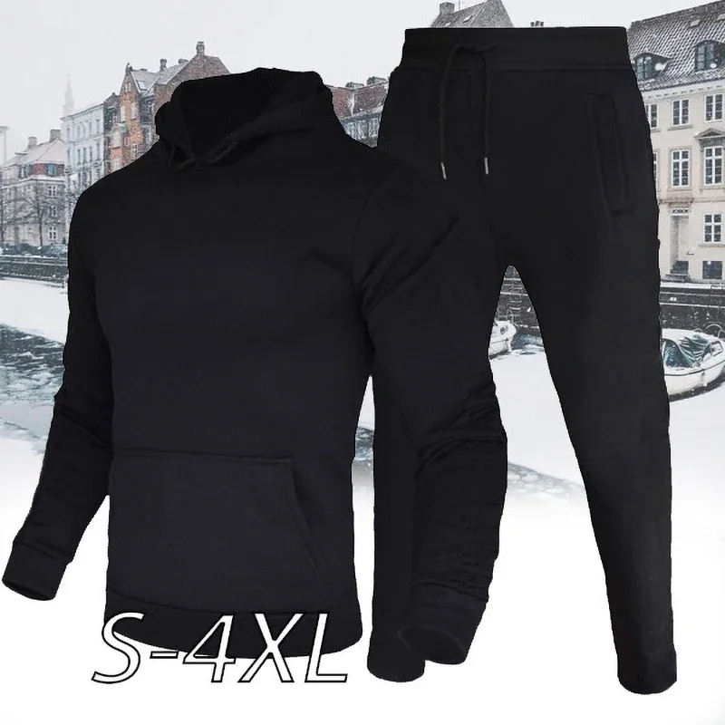 

Men's Solid Fleece Tracksuits Hoodies+Pants Sets Pullovers Jackets Sweatershirts Sweatpants Oversized Hooded Streetwear Outfits