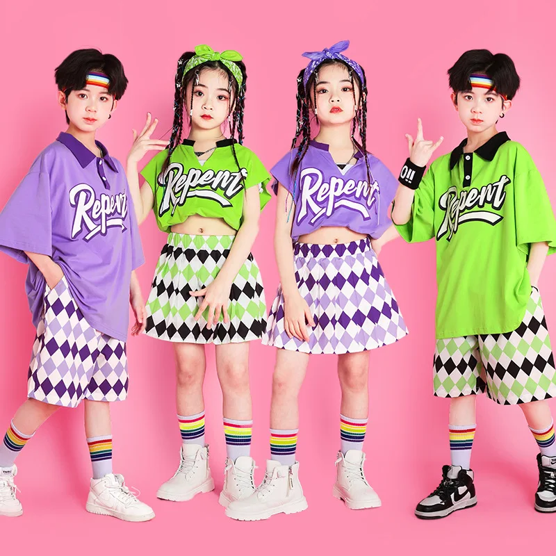 

Детская укороченная футболка в стиле хип-хоп, зеленая фиолетовая футболка, топ, повседневные летние шорты, мини-юбка для девочек и мальчиков, костюм для джазовых танцев, одежда для сцены для подростков