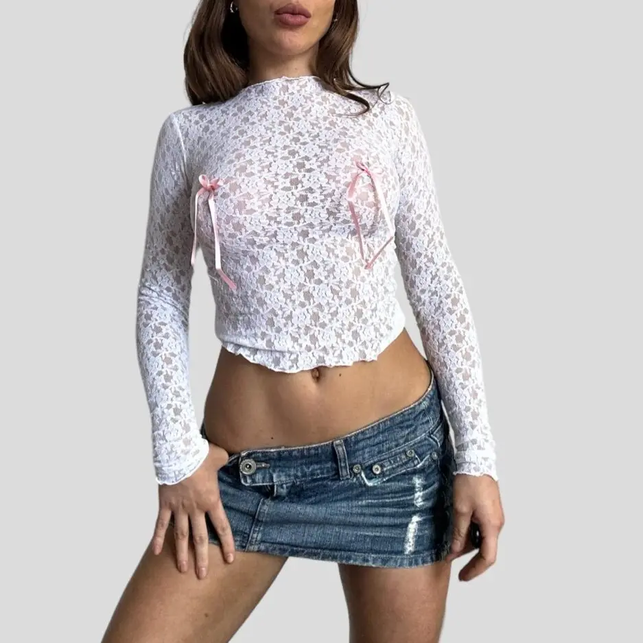 

New Fashion Women Long Sleeve Crop Tops Lace Bowknot Crew Neck Slim Fit T-Shirts Spring Exposed Navel Shirts Streetwear S M L