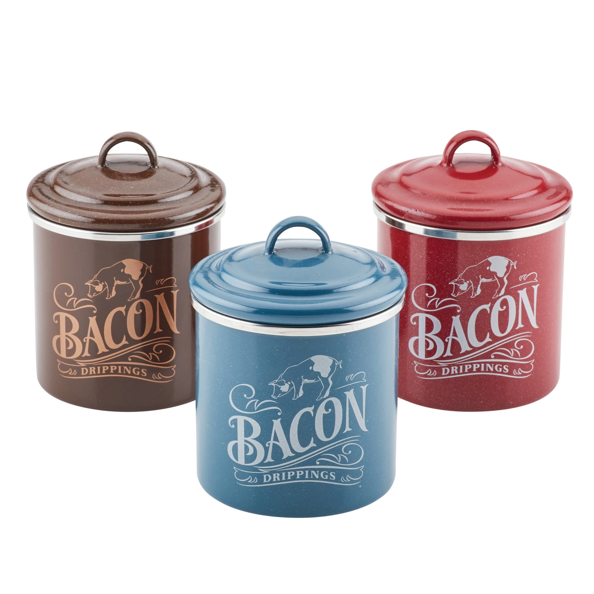 Ayesha Collection Enamel on Steel 4-Inch by 4-Inch Bacon Grease Can, Set of 3, Mixed Colors
Ayesha Collection Enamel on Steel 4-Inch by 4-Inch Bacon Grease Can, Set of 3, Mixed Colors
