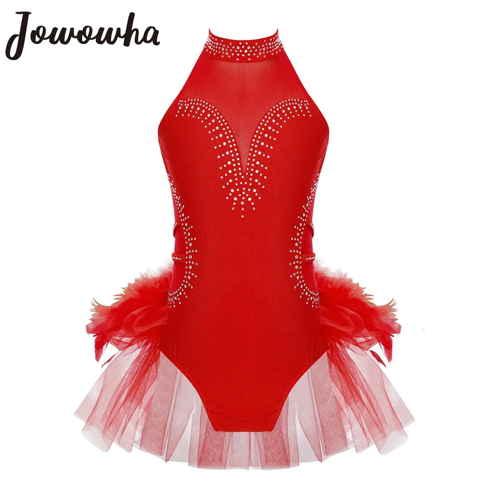 

Kids Girls Ballet Dance Leotard Tutu Dress Rhinestone Sheer Mesh Gymnastics Figure Skating Jumpsuit Latin Tango Rumba Dancewear