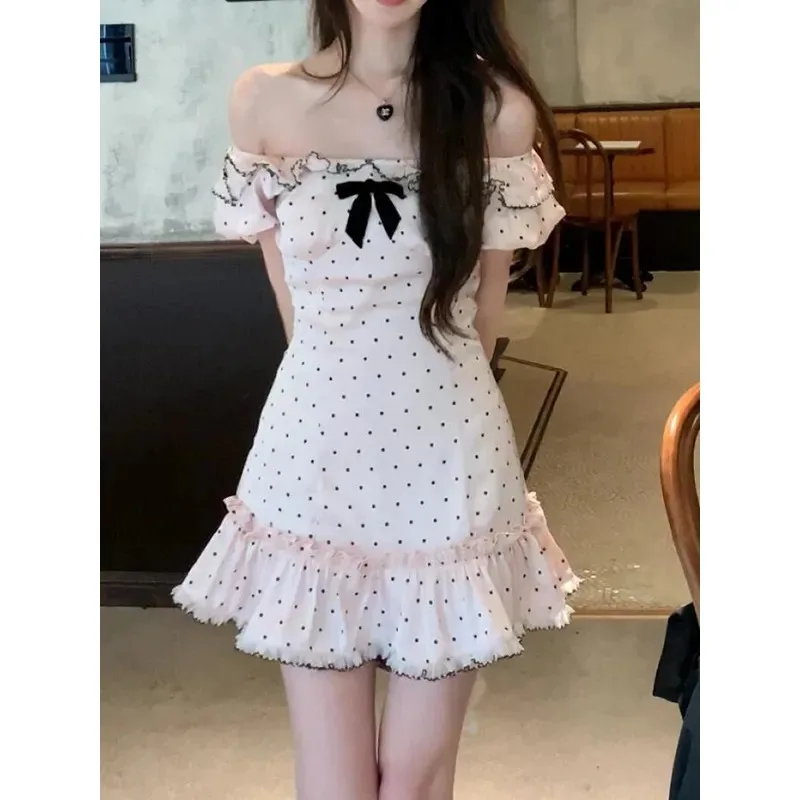 

Slash Neck Off-shoulder Short Sleeve Robe Femme Y2k Summer Vestidos De Mujer Elegant Bowknot Polka Dot Print Slim Party Dresses