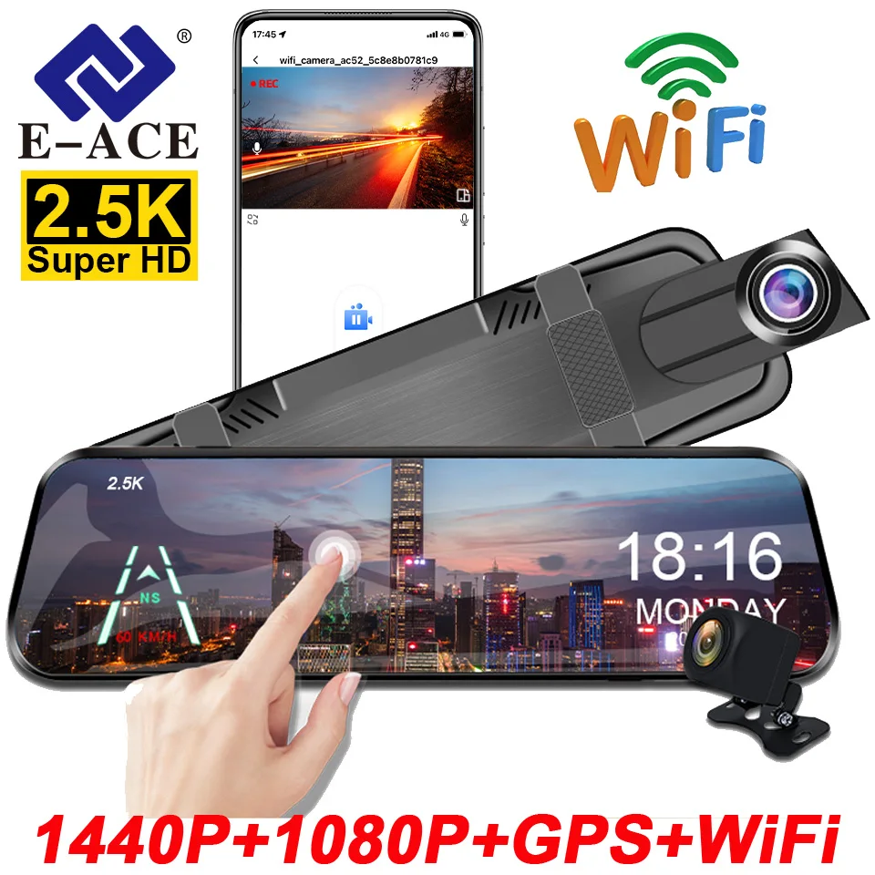 

E-ACE 2.5K Mirror Camera For Car Touch Screen Video Recorder Rearview Mirror Dashcam 1440P GPS Wifi 24H Parking DVR Black Box