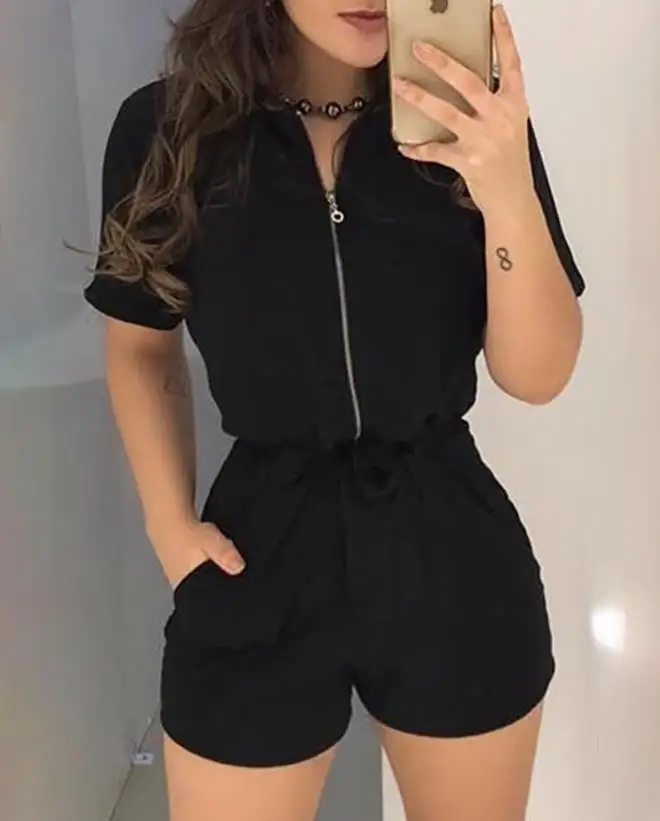 

Women's Playsuit 2024 Summer Fashion Zipper Design Turn-Down Collar Short Sleeve Tie Details High Waist Pocket Romper Street