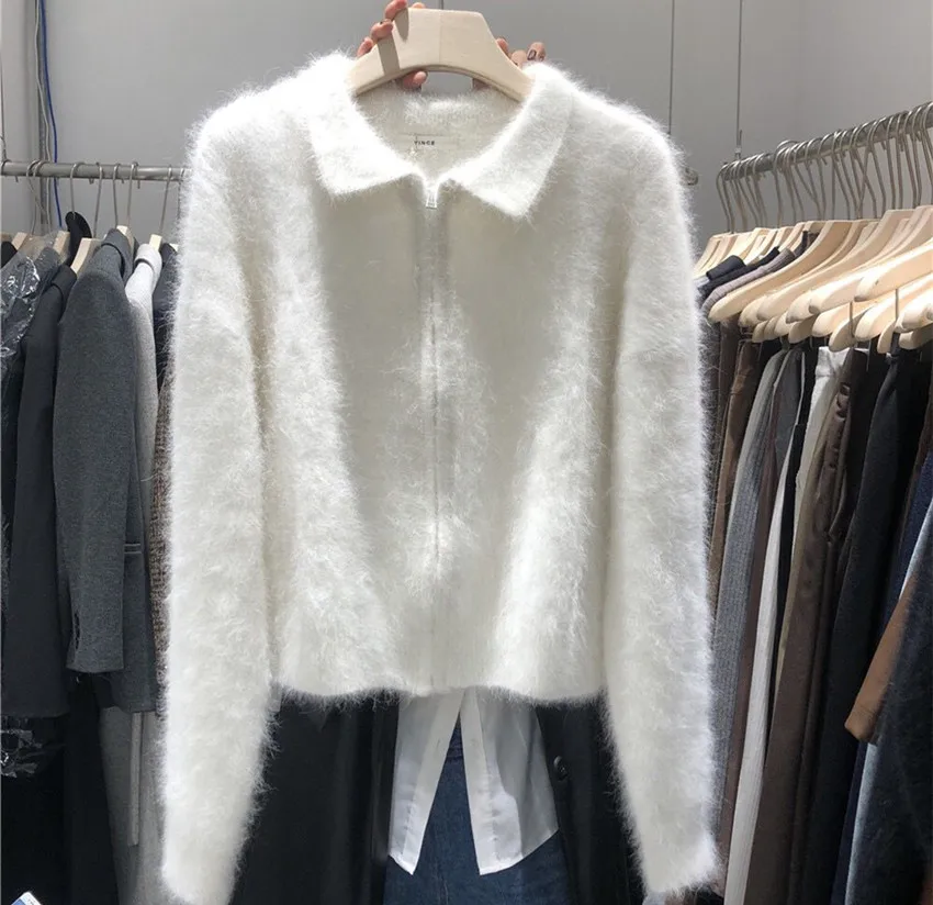 

New 2023 Autumn Winter White Mink Cashmere Zipper Sweater Coat Fashion Women Lapel Mohair Knitted Soft Warm Loose Cardigan Chic