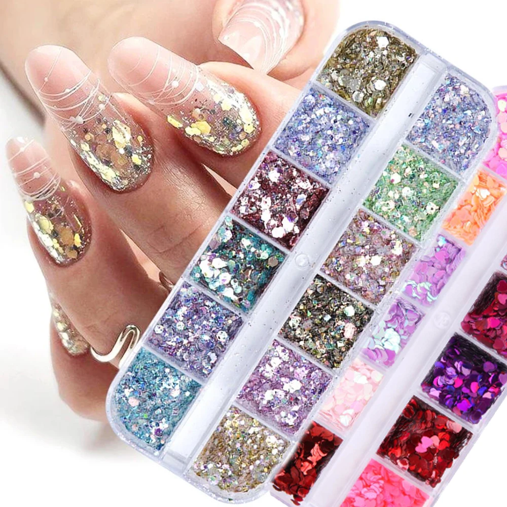 

12 Grids/box Laser Love Heart Butterfly Nail Sequins Mixed Color Sparkle Nail Glitter Flakes 3D Nail Art Decorations Accessories