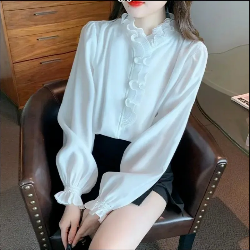 

2024 spring autumn New Women's Solid Color Chic Slim Blouses Fashion Spliced Ruffled Neck Shirring Long sleeved Chiffon Shirts